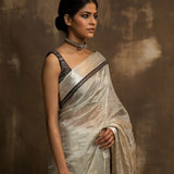 BANARASI TISSUE NET SAREE IN SILVER WITH PETTICOAT