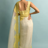 Organza Saree With Hand Cut White With Yellow Embroidered Border