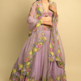 Mauve Organza Lehenga With Multicoloured Embroidery