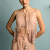 Salmon Pink Sheer Organza Short Jacket With Salmon Pink Embroidery