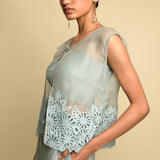 Grey Blue Sheer Organza Short Jacket With Grey Blue Embroidery