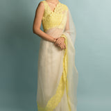 Organza Saree With Hand Cut White With Yellow Embroidered Border