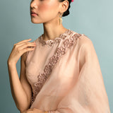 Salmon Pink Organza Saree With Salmon Pink Embroidery