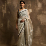 BANARASI TISSUE NET SAREE IN SILVER WITH PETTICOAT