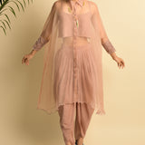 Salmon Pink Sheer Organza Kaftaan Shirt With Light Hydreangea Embroidery