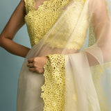 Organza Saree With Hand Cut White With Yellow Embroidered Border