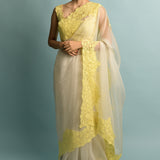 Organza Saree With Hand Cut White With Yellow Embroidered Border