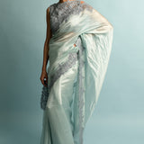 Grey Blue Organza Saree And Blouse Embroidery