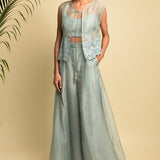 Grey Blue Sheer Organza Short Jacket With Grey Blue Embroidery