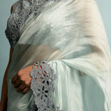 Grey Blue Organza Saree And Blouse Embroidery