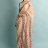 Salmon Pink Organza Saree With Salmon Pink Embroidery