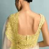 Organza Saree With Hand Cut White With Yellow Embroidered Border