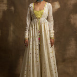 Afzal Cream and Yellow Anarkali Jacket with Blouse and Pants